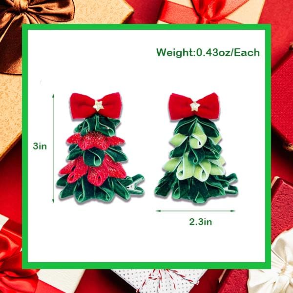 2PCS Christmas Hair Clips, Handmade Christmas Tree and Santa Style Christmas Hair Accessories for Women Girls Kids, Red Green Glittery Holiday Hair Clips Christmas Party Costume Accessories Gift