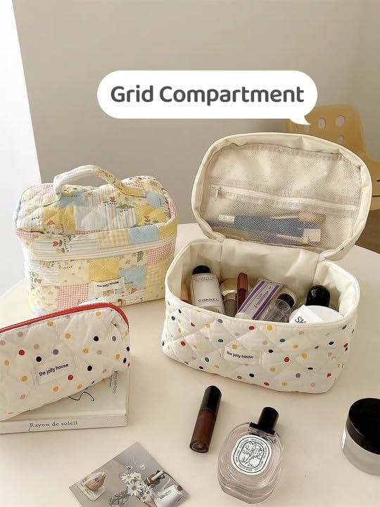 Komociya Cute Makeup Bag Travel Cosmetic Bag Soft Cotton Quilted Makeup Bag Organizer Toiletry Bag Skincare Bag (L-DOTS)