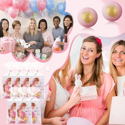 Dimsile 30 Sets Baby Shower Party Favors for Guests Bulk Including 30 Bath Bomb Gifts and 30 Baby Shower Cards 30 OPP Bags for Baby Shower Gender Reveal Birthday Party Prizes Gifts(Pink)