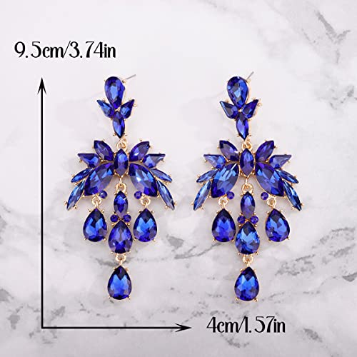 Xerling Blue Rhinestones Statement Teardrop Crystal Earrings for Women Chandelier Tassel Drop Stud Earrings for Wedding Bling Bridal Earrings Dangling (Blue)