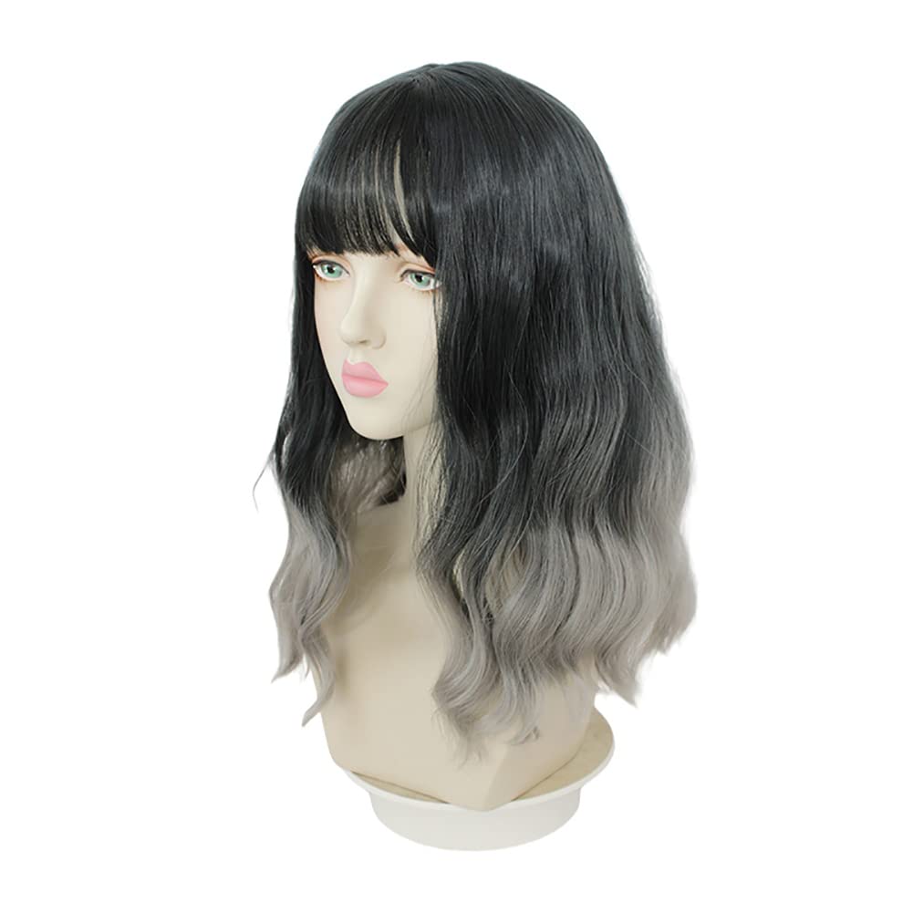 Sharebeauty Synthetic Bob Wig for Women Natural Wavy Curly Full Wig with Bangs Black Grey Ombre