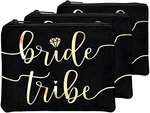 Bride Tribe Makeup Bags - Bridesmaid Favor for Bachelorette Party, Bridal Shower, Wedding. Cosmetics/Toiletries Bag, Wedding Survival Kit, Hangover Kit, Keepsake (3pc Bride Tribe, Black)