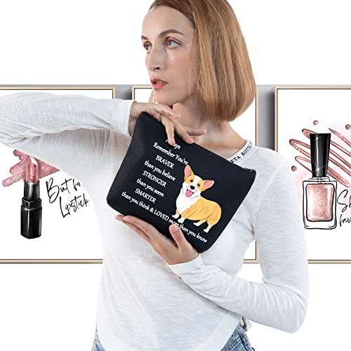 LEVLO Corgi Dog Cosmetic Make up Bag Corgi Lover Gift Corgi You Are Braver Stronger Smarter Than You Think Makeup Zipper Pouch Bag For Dogs Owner Corgi Mom (Corgi Black)