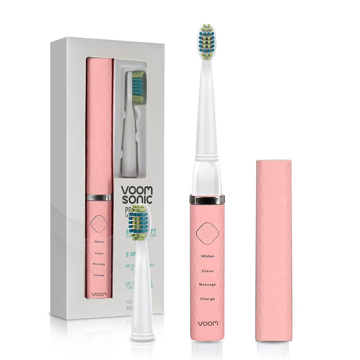 Voom Sonic Pro 3 Rechargeable Electric Battery Powered Toothbrush With Soft Dupont Nylon Bristle Dentist Recommended Portable Oral Care 2-Minute Timer 3 Adjustable Speeds Lightweight Design, Pink