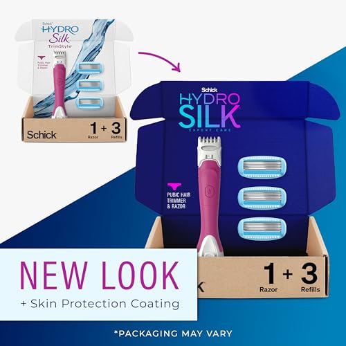 Schick Hydro Silk TrimStyle Razor for Women with Bikini Trimmer | 5-Blade Womens Razor with Trimmer, 2-in-1 Waterproof Pubic Hair Trimmer & Razor | 1 Handle & 3 Razor Blade Refills