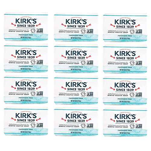 Kirk's Castile Bar Soap Clean Soap for Men, Women & Children | Premium Coconut Oil | Sensitive Skin Formula, Vegan | Fragrance-Free/Unscented | 4 oz. Bars - 12 Pack