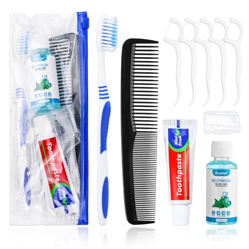 SLequipo 10 Set Travel Toothbrush Kit Bulk,Disposable Toothbrush with Toothpaste Set with Mouthwash,Toothpaste,Cover,Comb,Zip Bag,Floss Picks,Toothbrushes Set for Homeless,Travel