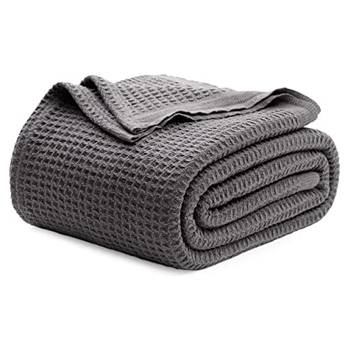 Bedsure 100% Cotton Large Throw Blankets for Couch - Waffle Weave Dark Grey Throw Blankets for Bed, Lightweight and Soft Spring Throw Blankets for Office, 50x70 inches