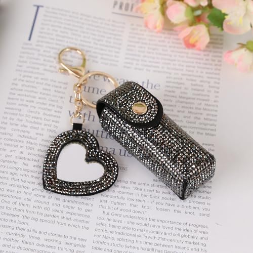 Lipstick Organizer Keychain, Rhinestone Lipstick Case with Mirror for Women, Portable Lipstick Leather Holder Lip Gloss Bag Lip Balm Case for Travel, Party, Holiday Gifts (Black)