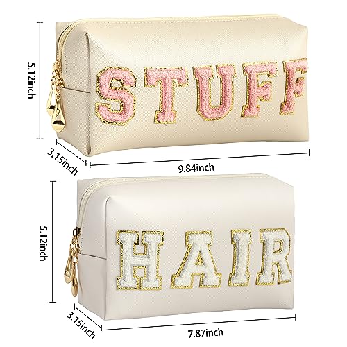 Vorey 2PCS Preppy Makeup Bag for Women Travel Toiletry Bag Chenille Letter Cosmetic Bag PU Leather Waterproof Pouch Cute Zipper Organizer, Stuff and Hair