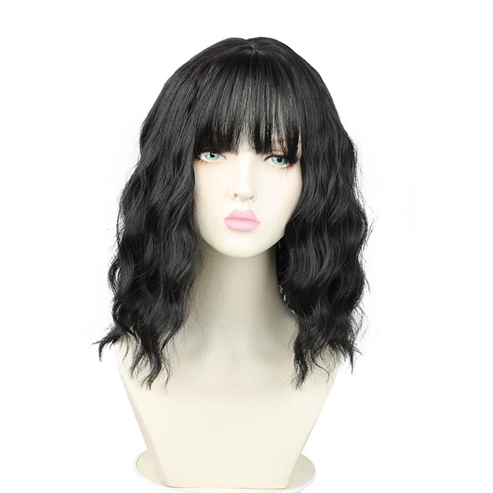 Sharebeauty Synthetic Bob Wig for Women Natural Wavy Curly Full Wig with Bangs Brownish Black