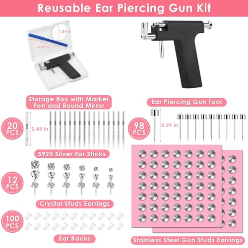 Professional Ear Piercing Gun Kit, Multi Purpose Ear Piercing Kit Nose Piercing Tools Set with 230 Pcs Stainless Steel Stud Earrings and Earrings Backs for Salon and Home Piercing