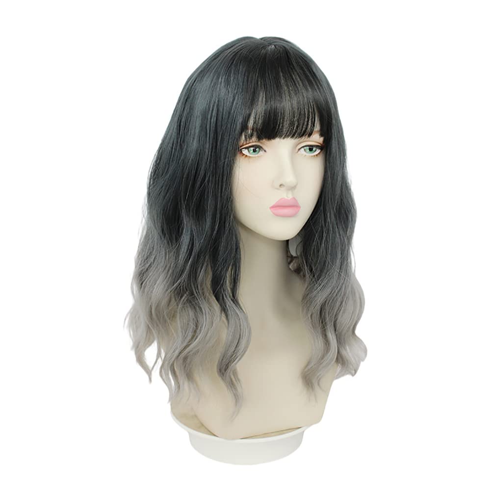 Sharebeauty Synthetic Bob Wig for Women Natural Wavy Curly Full Wig with Bangs Black Grey Ombre