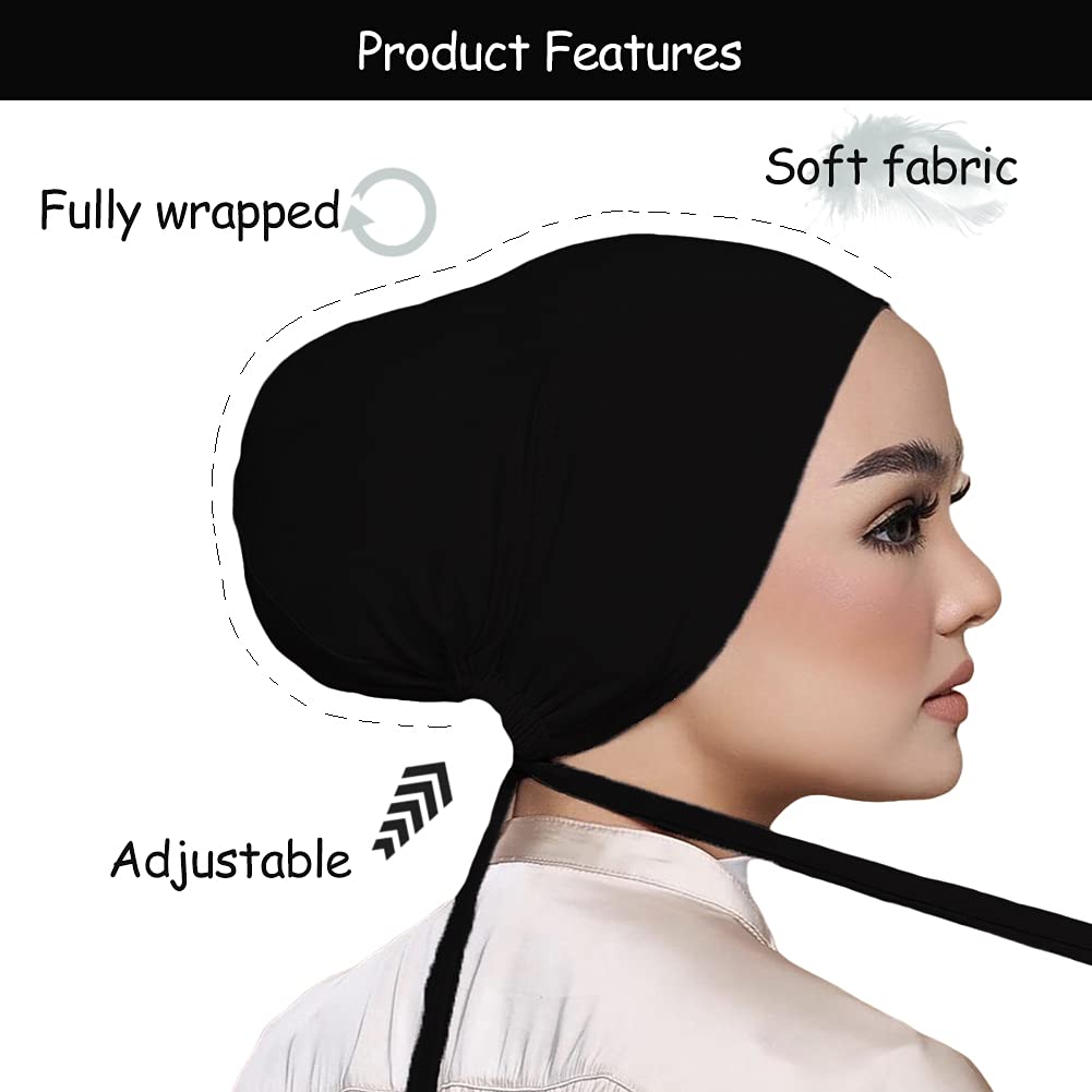 Hophor Women Under Scarf Hat Hijab Cap with Tie-Back Closure Hijab Caps Under Scarf for Women(Black+Khaki)