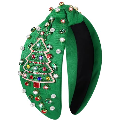 Christmas Headband for Women Jeweled Xmas Plaid Headband Embellished Crystal Pearl Knotted Headbands Wide Top Knot Holiday Headband Christmas Hair Accessories Holiday Outfits Gifts (Big Xmas Tree 2)