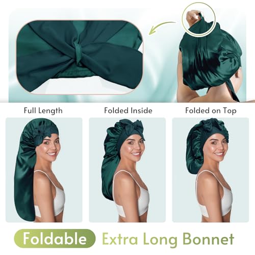 BONNET QUEEN Braid Bonnet Silk Bonnet Foldable Extra Long Bonnet for Braids Satin Bonnet for Sleeping Hair Bonnet with Tie Band Long Sleep Cap Darkish Green