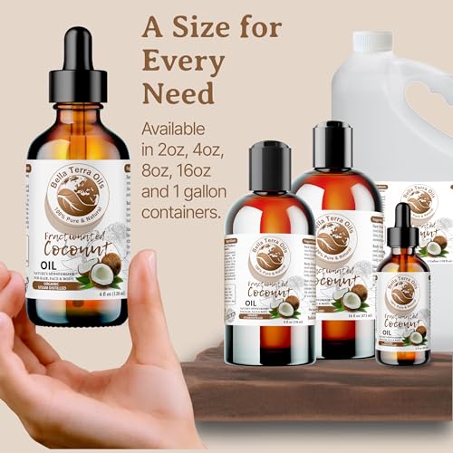 Bella Terra Oils - Organic Fractionated Coconut Oil (MCT) 4oz - Derived from Pure Coconut Essence, Abundant in Capric & Lauric Acid, Your Go-to Companion for Supple Skin