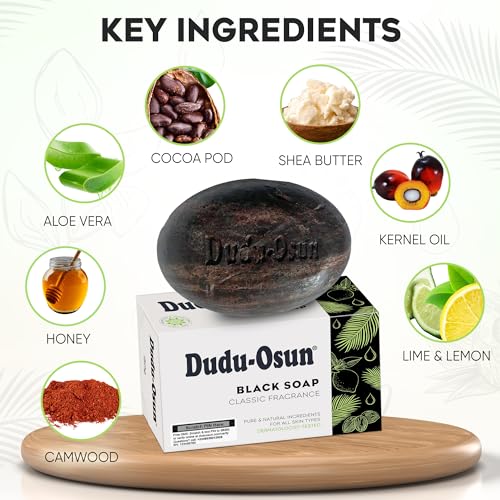 International Essence Dudu Osun 5-Pack Black Soap Bundled with Soap Pouch - Natural African Skincare Bar, Rejuvenating & Moisturizing Face, Body Wash (Classic Fragrance)