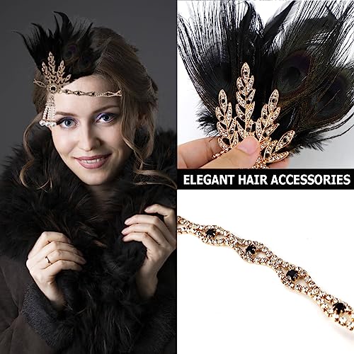 FERCAISH 1920s Flapper Headband, Roaring 20s Black Feather Crystal Headband Bachelor Party Feather Headband, Great Hair Accessories for Women