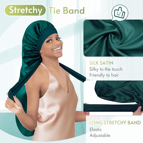 BONNET QUEEN Braid Bonnet Silk Bonnet Foldable Extra Long Bonnet for Braids Satin Bonnet for Sleeping Hair Bonnet with Tie Band Long Sleep Cap Darkish Green