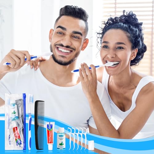 SLequipo 10 Set Travel Toothbrush Kit Bulk,Disposable Toothbrush with Toothpaste Set with Mouthwash,Toothpaste,Cover,Comb,Zip Bag,Floss Picks,Toothbrushes Set for Homeless,Travel