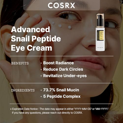 COSRX Snail Peptide Eye Cream with 73.7% Snail Mucin and Niacinamide, Brightening Korean Night Cream for Fine Lines and Dark Circles, Korean Skin Care