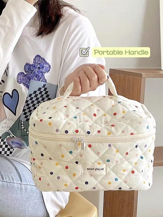 Komociya Cute Makeup Bag Travel Cosmetic Bag Soft Cotton Quilted Makeup Bag Organizer Toiletry Bag Skincare Bag (L-DOTS)