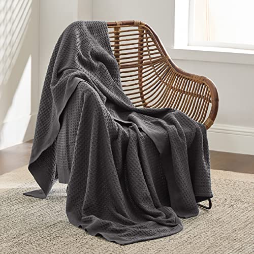 Bedsure 100% Cotton Large Throw Blankets for Couch - Waffle Weave Dark Grey Throw Blankets for Bed, Lightweight and Soft Spring Throw Blankets for Office, 50x70 inches