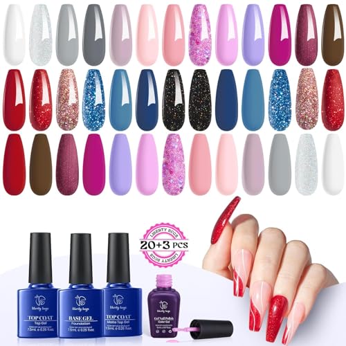 Gel Nail Polish Set 23Pcs,from Glitter Gel Polish,Red Nail Polish Gel to Pastel Gel Polish Colors Gel White Nail Polish,with Glossy Gel Base and Top Coat&Matte Gel Top Coat,UV Light Cure,Gel Nail Kit