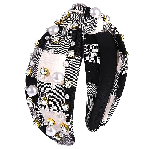 Holiday Headband for Women Christmas Headband Accessories Xmas Crystal Pearl Knotted Headband Rhinestone Jeweled Embellished Plaid Wide Top Knot Headband Christmas Holiday Outfits Gifts (White Black)