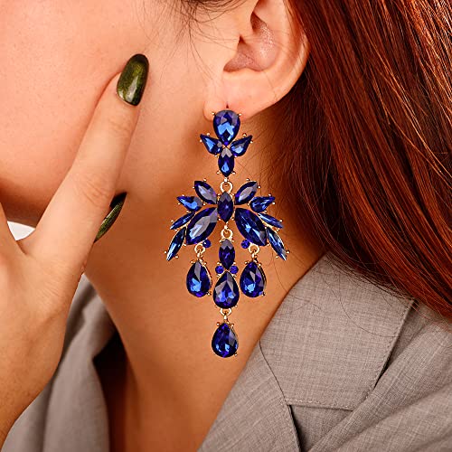 Xerling Blue Rhinestones Statement Teardrop Crystal Earrings for Women Chandelier Tassel Drop Stud Earrings for Wedding Bling Bridal Earrings Dangling (Blue)