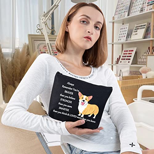 LEVLO Corgi Dog Cosmetic Make up Bag Corgi Lover Gift Corgi You Are Braver Stronger Smarter Than You Think Makeup Zipper Pouch Bag For Dogs Owner Corgi Mom (Corgi Black)