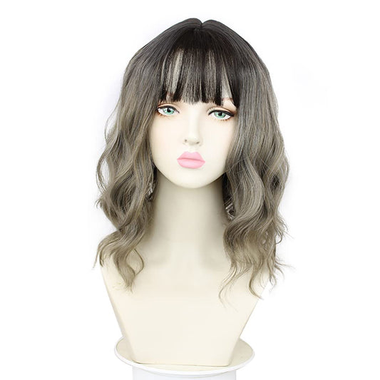 Sharebeauty Synthetic Bob Wig for Women Natural Wavy Curly Full Wig with Bangs Grey Flaxen Ombre