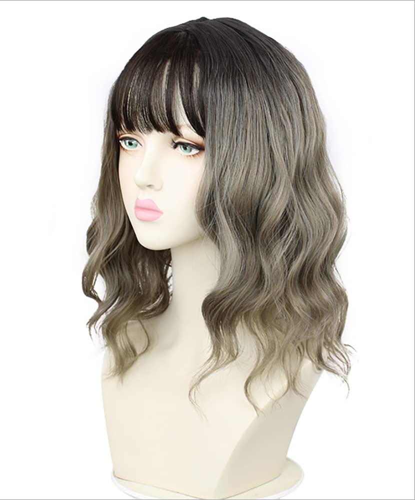 Sharebeauty Synthetic Bob Wig for Women Natural Wavy Curly Full Wig with Bangs Grey Flaxen Ombre