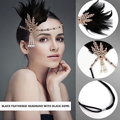 FERCAISH 1920s Flapper Headband, Roaring 20s Black Feather Crystal Headband Bachelor Party Feather Headband, Great Hair Accessories for Women