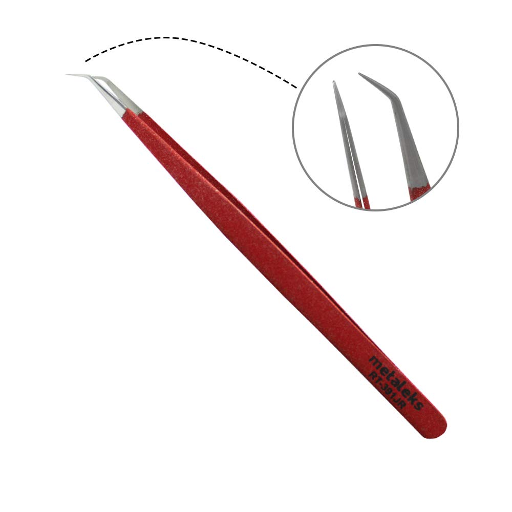 Tweezers for Eyelash Extension - Long 45° Angular Tip Tweezers - Hand Crafted Surgical Stainless Steel Precision Tweezers (Metallic Red Powder Coated)