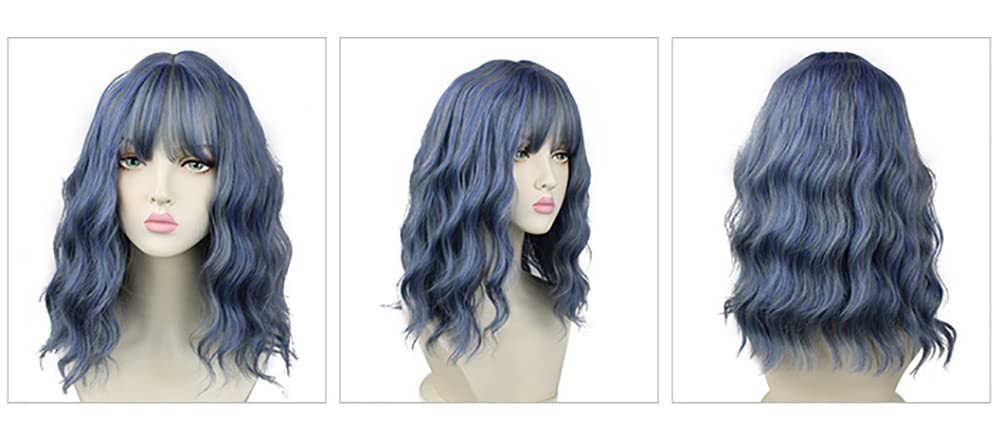 Sharebeauty Synthetic Bob Wig for Women Natural Wavy Curly Full Wig with Bangs Grey Blue Mix