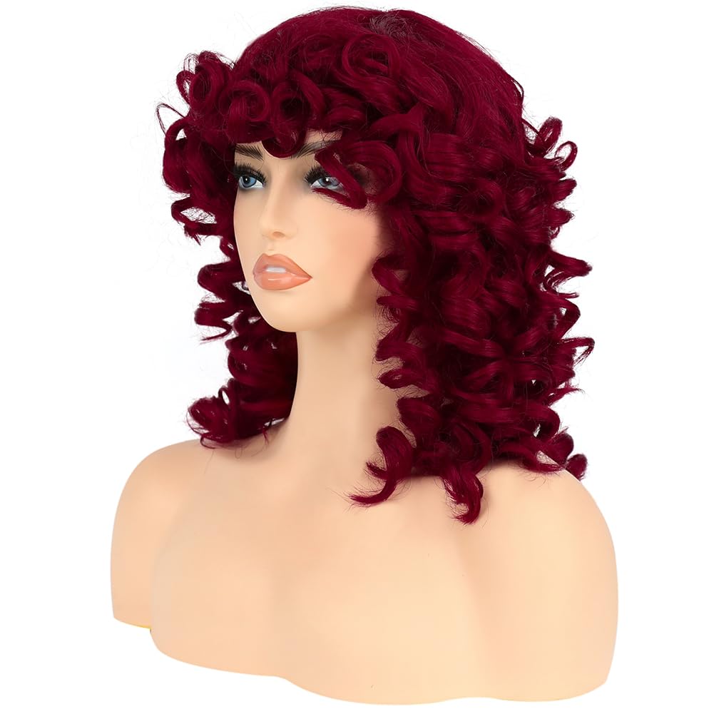 HUAISU Short Red Curly Kinky Wig with Bangs Synthetic High Density Shoulder Length Deep Wave Density Wig for Women One Piece Heat Resistant Fluffy Cosplay Wig (Red, 14inch)