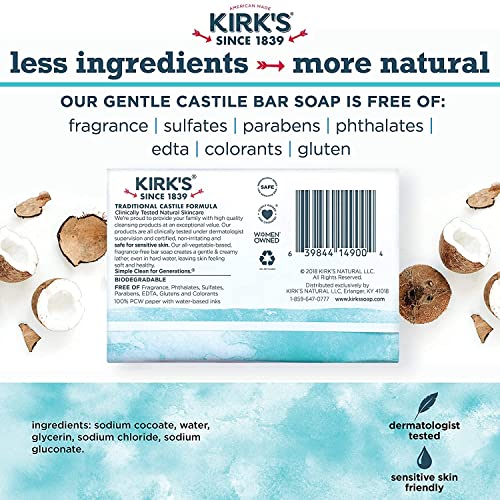 Kirk's Castile Bar Soap Clean Soap for Men, Women & Children | Premium Coconut Oil | Sensitive Skin Formula, Vegan | Fragrance-Free/Unscented | 4 oz. Bars - 12 Pack