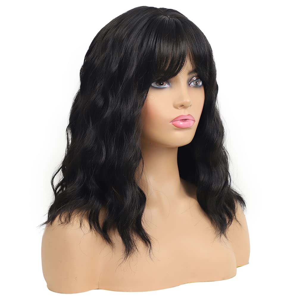 Sharebeauty Synthetic Bob Wig for Women Natural Wavy Curly Full Wig with Bangs Black