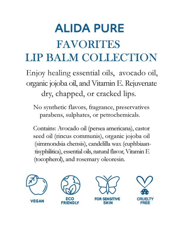 ALIDA PURE Favorites Lip Balm Collection, Vegan Lip Balm Set, Bees Wax Free, Coconut Oil Free, Avocado Oil, Organic Jojoba Oil, Vitamin E, Natural Moisturizer For Dry Cracked Lips, 3 Tube Set