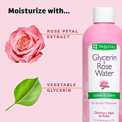 De La Cruz Rose Water and Glycerin for Face - Rosewater Facial Toner and Moisturizer for Skin and Hair 8 fl oz. (236 mL) - 1 Bottle