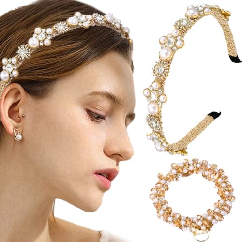 Coridy Thin Gold Headbands for Women Pearl Rhinestones Hairbands with Beaded Hair Ties Baroque Bejeweled Head Bands for Wedding Party Holiday (Charming)