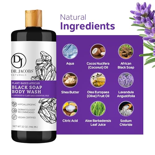 Dr Jacobs Naturals Authentic African Black Liquid Soap with Lavender & Sage Scent | All-In-One Face Wash, Sensitive Skin Body Wash, Shampoo, Shaving Soap | Moisturizing and Nourishing Formula 16oz 1pk