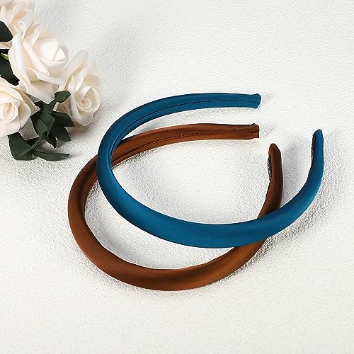 VOCOSTE 2 Pcs Solid Simple Silk Headbands, Fashion Hair Hoop for Women, Anti Slip Hair Accessories, Blue, Dark Coffee, 0.59" Wide