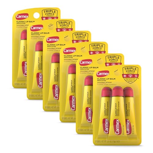 Carmex Classic Medicated Lip Balm Tubes, Lip Moisturizer for Chapped Lips, 18 Count (6 Packs of 3)