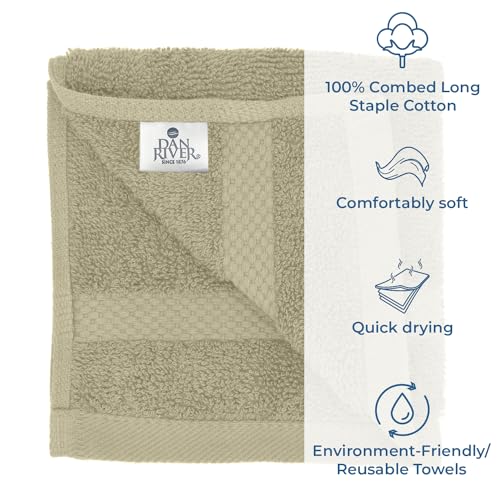 DAN RIVER 100% Cotton Face Towels 12 Pack - Premium Washcloths Highly Absorbent Towels for Bathroom, Spa and Daily Use 12x12 in, 600 GSM – Beige