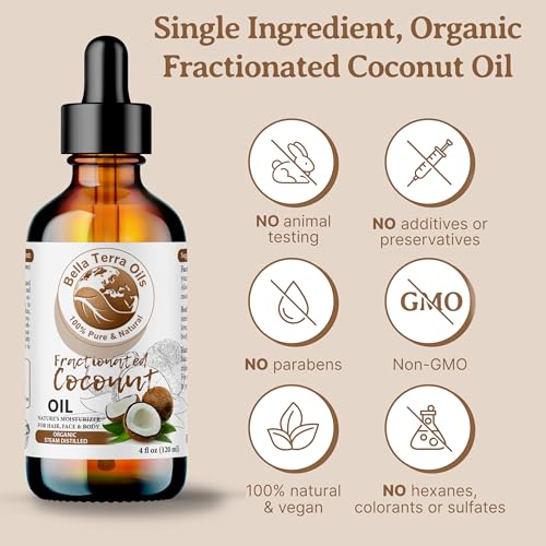 Bella Terra Oils - Organic Fractionated Coconut Oil (MCT) 4oz - Derived from Pure Coconut Essence, Abundant in Capric & Lauric Acid, Your Go-to Companion for Supple Skin