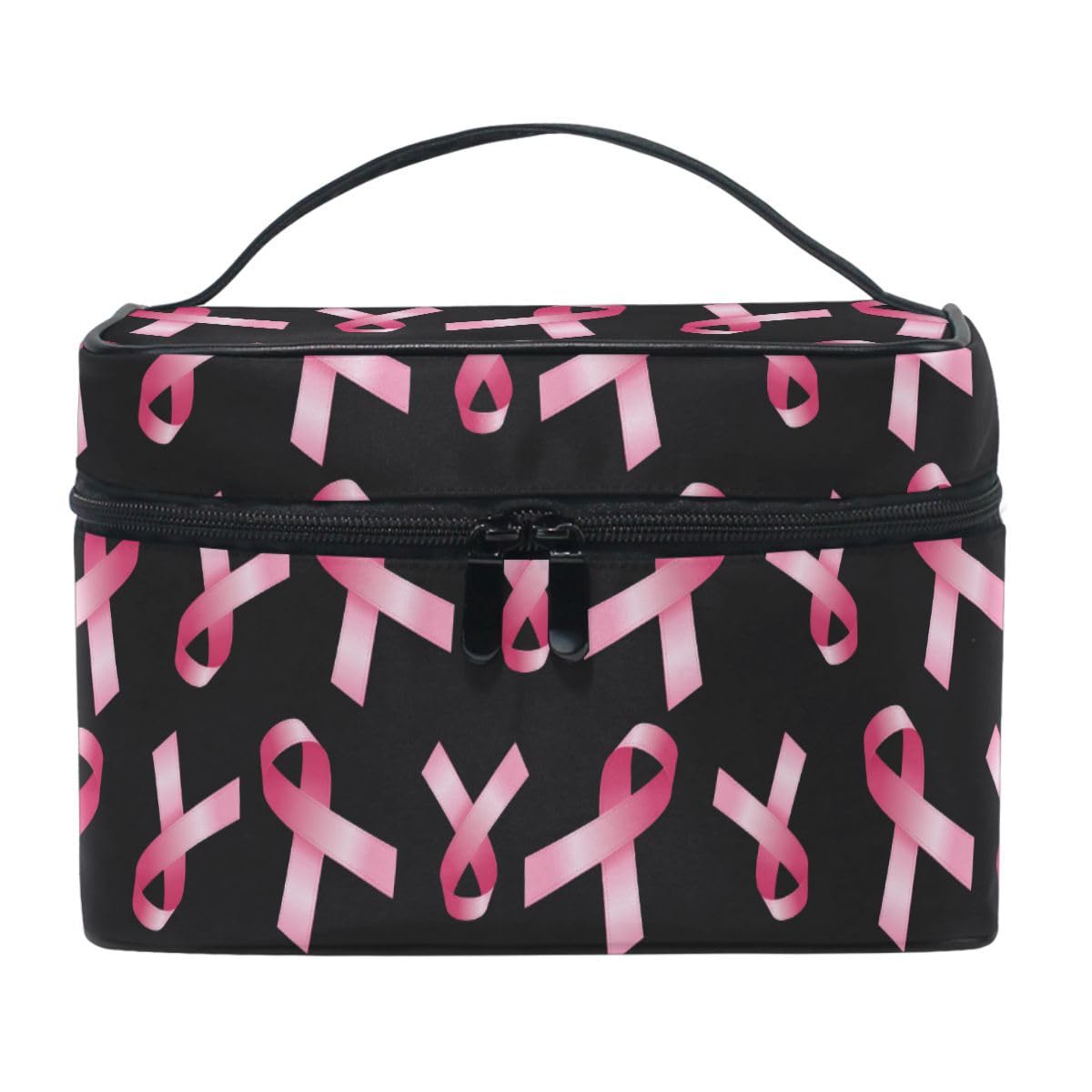 ZOEO Makeup Train Case Breast Cancer Awareness Pink Ribbon Korean Carrying Portable Zip Travel Cosmetic Brush Bag Organizer Large for Girls Women