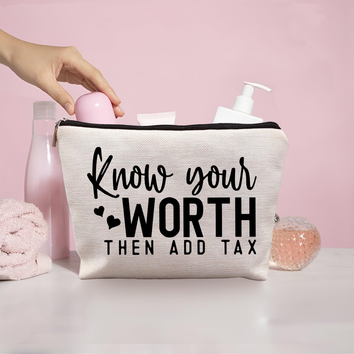 uinwk Funny Self Confident Gifts, Inspirational Motivational Encouragement Gifts for Women Coworkers, Know Your Worth Then Add Tax Funny Makeup Cosmetic Bags for Women